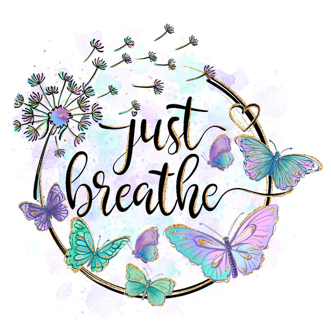 Decorative design with butterflies and 'just breathe' text on a white background
