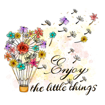 Colorful flowers in a hot air balloon with 'Enjoy the little things' quilt panel