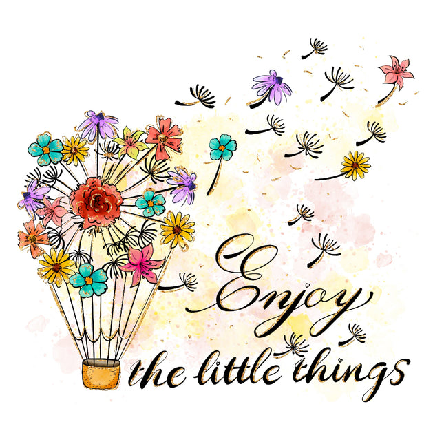 Colorful flowers in a hot air balloon with 'Enjoy the little things' quilt panel