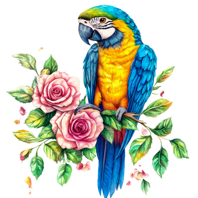 Colorful parrot perched on floral branch with pink roses and green leaves quilt block
