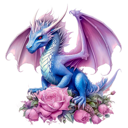 Blue dragon with pink wings and purple roses quilt panel