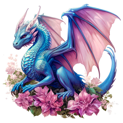 Colorful dragon surrounded by flowers fabric panel