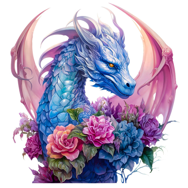 Colorful dragon surrounded by flowers fabric panel