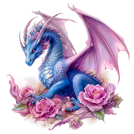 Blue dragon with pink wings surrounded by pink flowers quilt panel