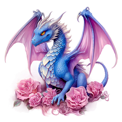 Blue dragon with pink wings and tail surrounded by pink roses quilt block