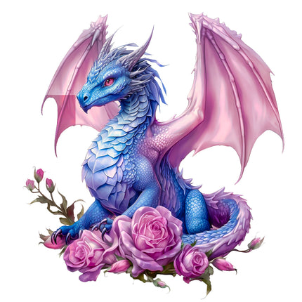 Blue dragon with pink wings and purple roses fabric panel