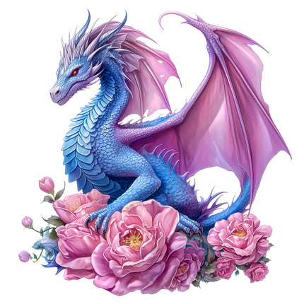 Blue dragon with pink wings sitting among pink flowers fabric panel