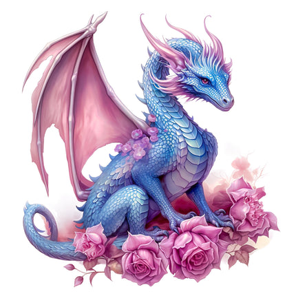 Blue dragon with pink wings and hair, surrounded by pink roses cotton panel