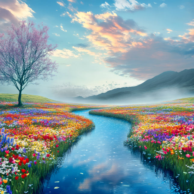 Colorful flower field with a stream and tree, mountainous landscape fabric panel
