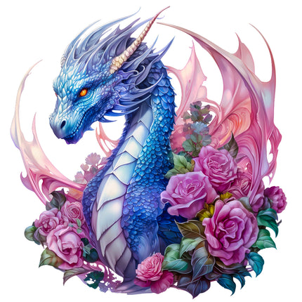 Blue dragon surrounded by pink flowers on a white background fabric panel