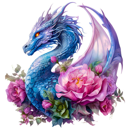 Colorful dragon surrounded by flowers fabric panel