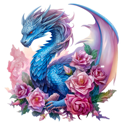 Colorful dragon surrounded by pink flowers fabric panel
