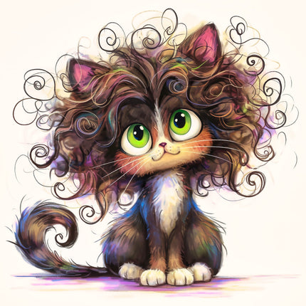 Colorful illustration of a cat with swirling hair fabric panel