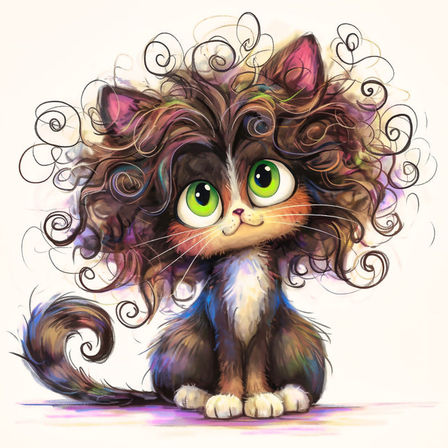 Colorful illustration of a cat with swirling hair fabric panel