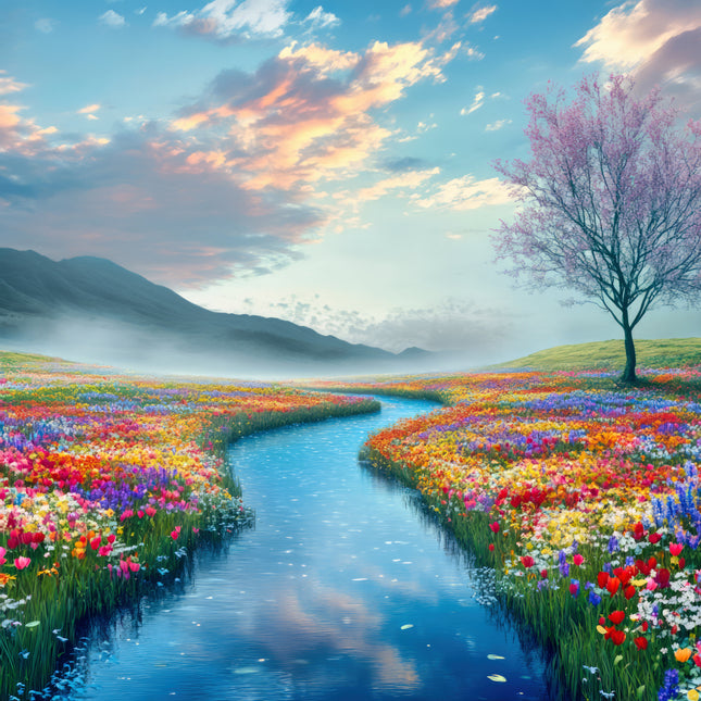 Colorful flower field with a winding stream and a tree on a hillside fabric panel