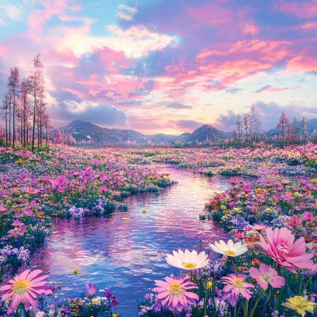 Majestic landscape with a river flowing through a field of flowers under a pink and purple sky.
