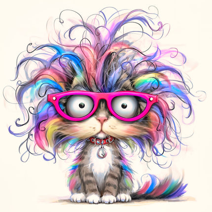 Colorful cartoon cat with large eyes fabric panel