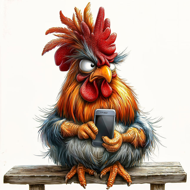 Rooster holding a smartphone quilt panel