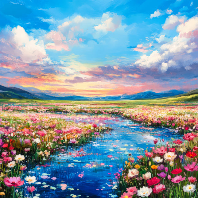 Colorful flower field with a stream and mountains under a blue sky with clouds.