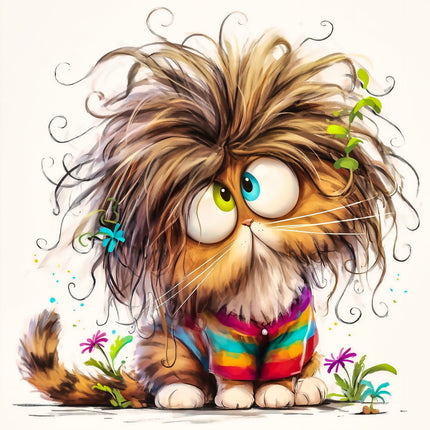 Cartoon cat with long hair wearing a rainbow outfit fabric panel