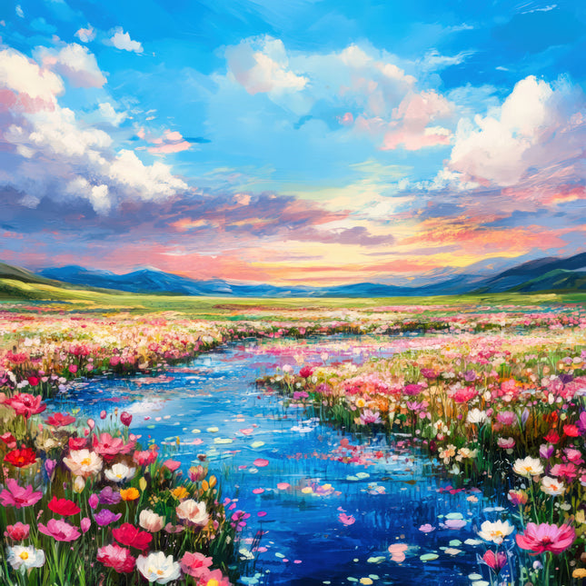 Colorful landscape with flowers, water, and mountains under a blue sky with clouds fabric panel