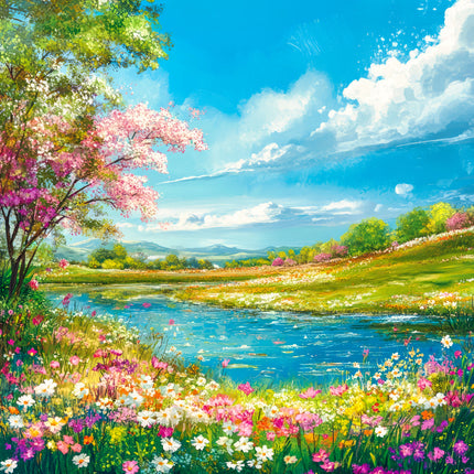 Lush landscape with flowers, trees, and a lake under a blue sky fabric panel