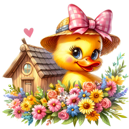 Cartoon duck with a checkered hat and flowers fabric panel