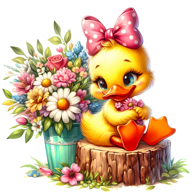 Cartoon duck with a pink bow sitting on a log with flowers and a bouquet fabric panel
