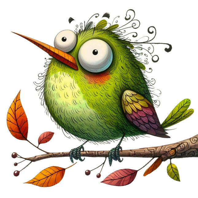 Colorful cartoon bird with a large beak perched on a branch fabric panel