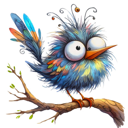 Colorful cartoon bird perched on a branch quilt block