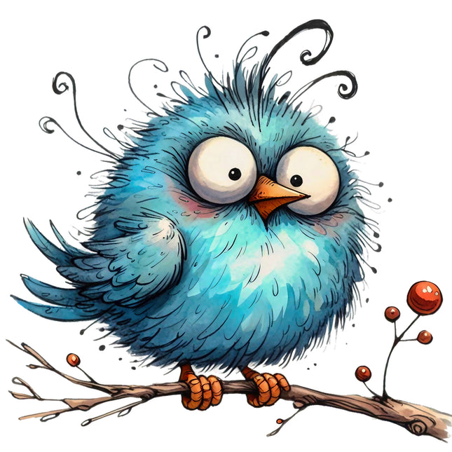 blue bird with large eyes quilt panel