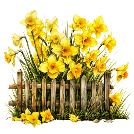 Yellow daffodils in front of a wooden fence fabric panel