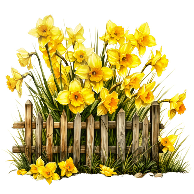 Yellow daffodils in front of a wooden fence fabric panel