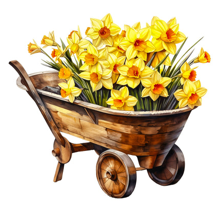 Wooden wheelbarrow filled with yellow flowers fabric panel