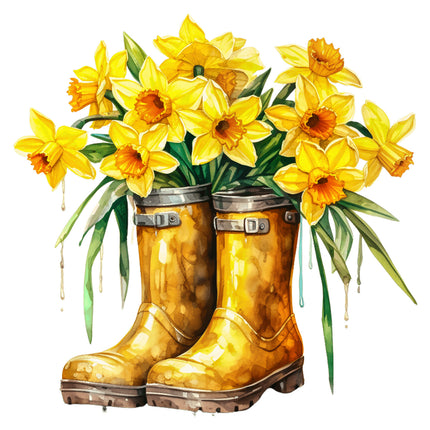 Yellow rubber boots filled with yellow daffodils fabric panel
