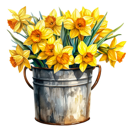 Metal bucket filled with yellow daffodils quilt panel