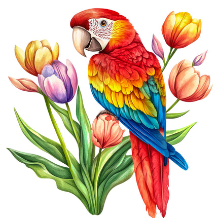 Colorful parrot perched among tulips FABRIC PANEL