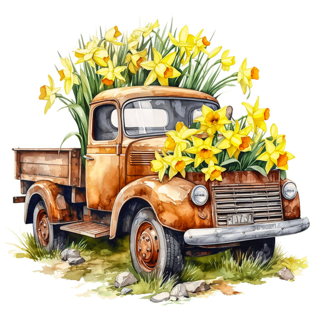 Vintage truck with a bed full of yellow flowers fabric panel