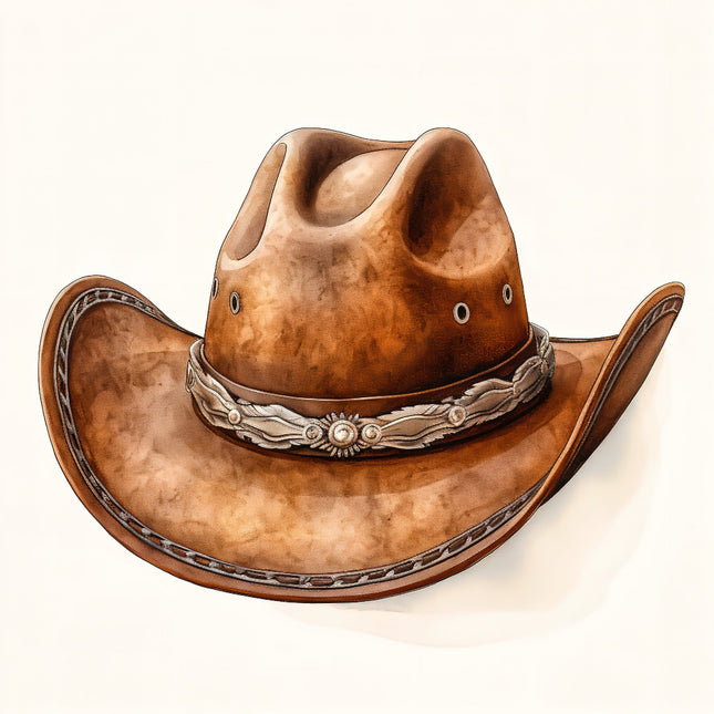 Brown cowboy hat with decorative band on a white background