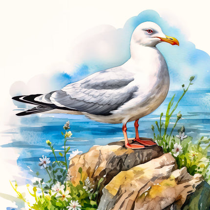 Seagull perched on a rock with a scenic background fabric panel