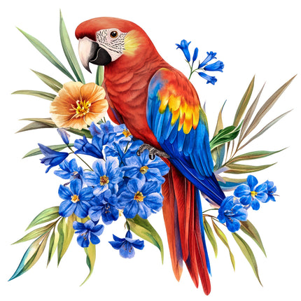 Colorful parrot with blue flowers and green leaves fabric panel