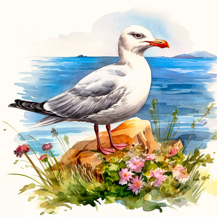 Seagull on a rock with flowers fabric panel