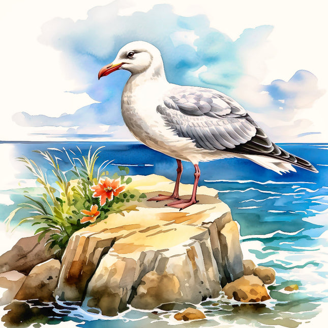 Seagull on a rock with ocean and sky background fabric panel