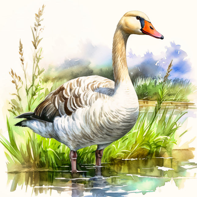 Painting of a swan standing in water with grass and sky in the background fabric panel