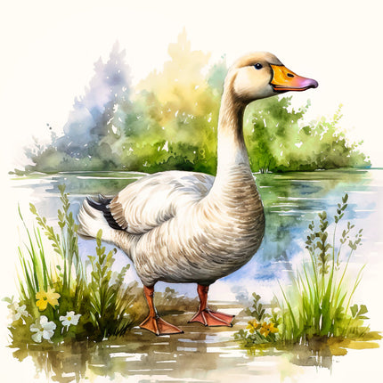 Painting of a goose standing by a pond with greenery and flowers fabric panel