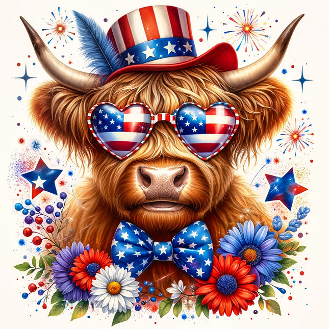 Cute cow wearing an American flag hat, sunglasses, and bow tie with flowers fabric panel