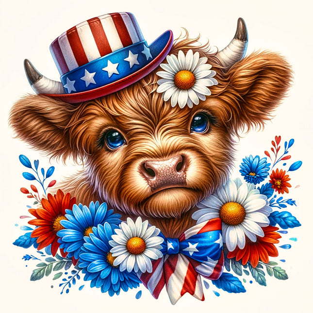 Cute cow with a patriotic hat and flowers quilt panel