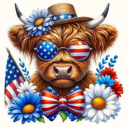 Cow wearing American flag sunglasses and a hat, surrounded by flowers and an American flag fabric panel