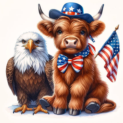 Bull wearing a patriotic hat and bow tie with an American flag, standing next to an eagle on a white background.
