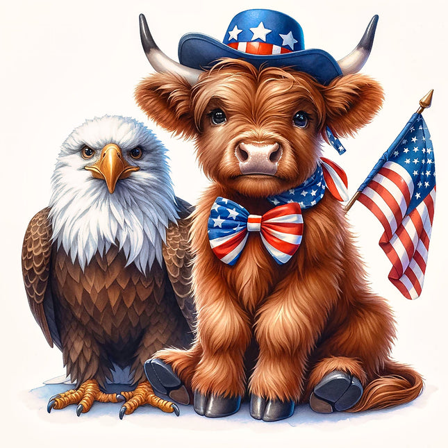 Bull wearing a patriotic hat and bow tie with an American flag, standing next to an eagle on a white background.